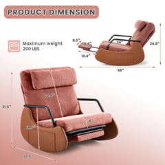 EROMMY Indoor & Outdoor Oversized Rocking Recliner Chair with Side Pockets, Upholstered Plush Seating Glider Rocker with Ajustable High Backrest, Pink