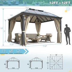 EROMMY 12'x12' Hardtop Gazebo, Permanent Outdoor Aluminum Patio Gazebo with Aluminum Composite Double Arc Roof, Curtains and Netting Included