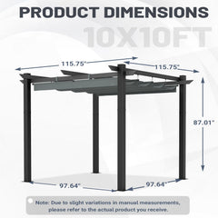 Patio pergola with dimensions labeled on a white background