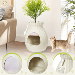 EROMMY Hidden Cat Litter Box Enclosure with Faux Plants For Large Cat, Plasma Sterilization System, in Living Room/Bedroom/Bathroom, Beige