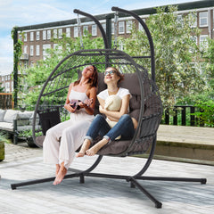 EROMMY Double Rattan Swing Egg Chair with Side Pockets, Foldable with Stand, Outdoor and Indoor Egg Chairs,Balcony, Garden