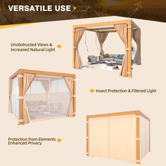 EROMMY 10x10 Louvered Pergola with Adjustable Rainproof Roof, Wood Grain Outdoor Aluminum Pergola, Curtains and Netting Included
