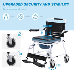 EROMMY Beside Commode Wheelchair with Padded Seat& Flips Up Armrests, Multi-Function Transport Commode Chair for Toilet, White