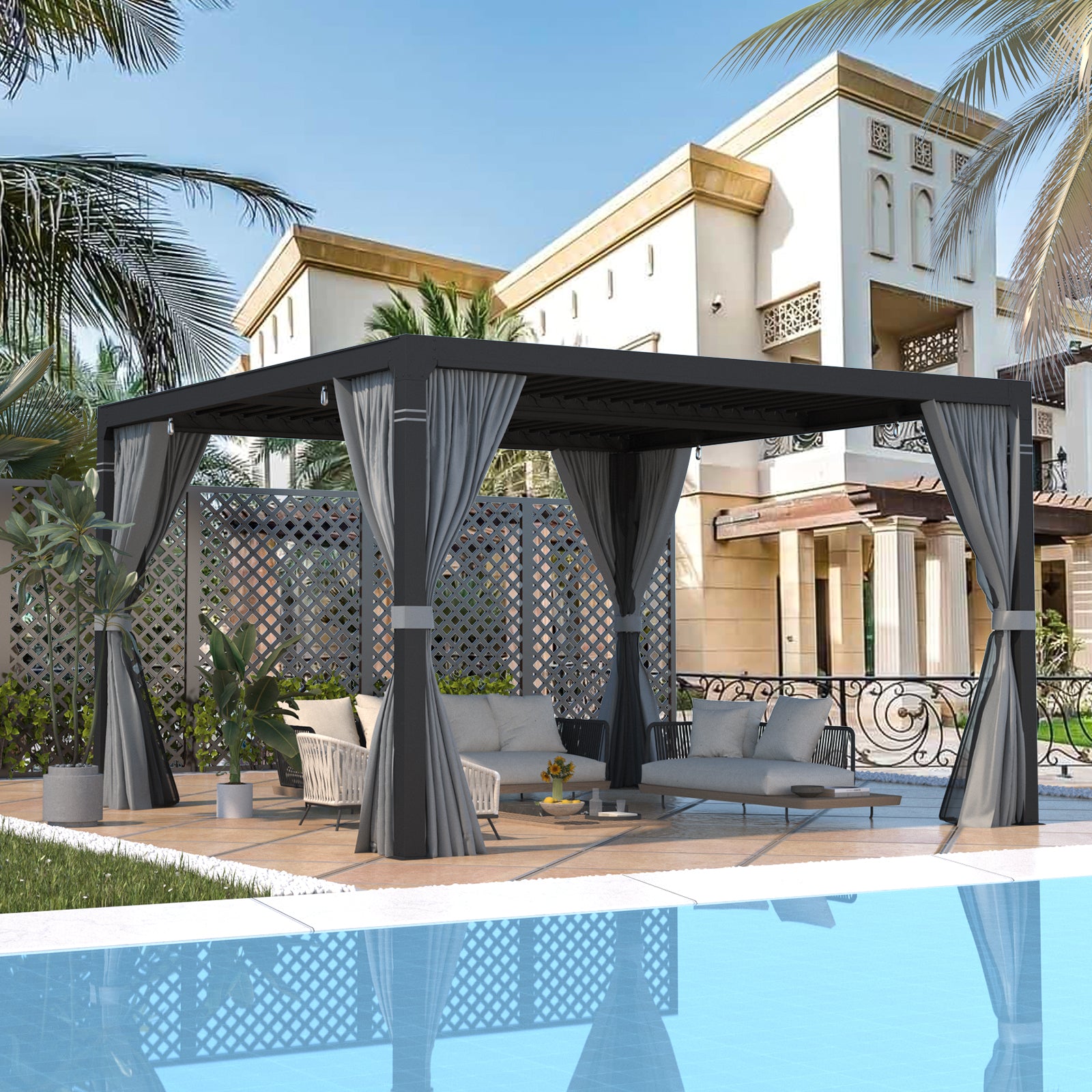 EROMMY 12x12 Pergola with Louvered Roof – Dark Grey