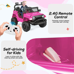 EROMMY Kids Jeep Car, 12V Ride on Electric Vehicles w/Parent Remote Control, 4WD SUV w/Safety Belt, Music and Lights, Pink