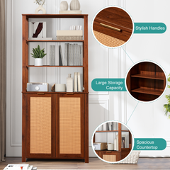 EROMMY Rattan Bookcase with cabinet, Heavy Duty Freestanding Bookcase With Storage Open Display, Walnut Brown