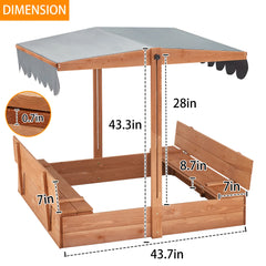 EROMMY Kids Sandbox with Cover, Height Adjustable Roof, Foldable Bench Seats for Aged 3-8, Wooden Outdoor Kids Sandbox, Sand Protection Line