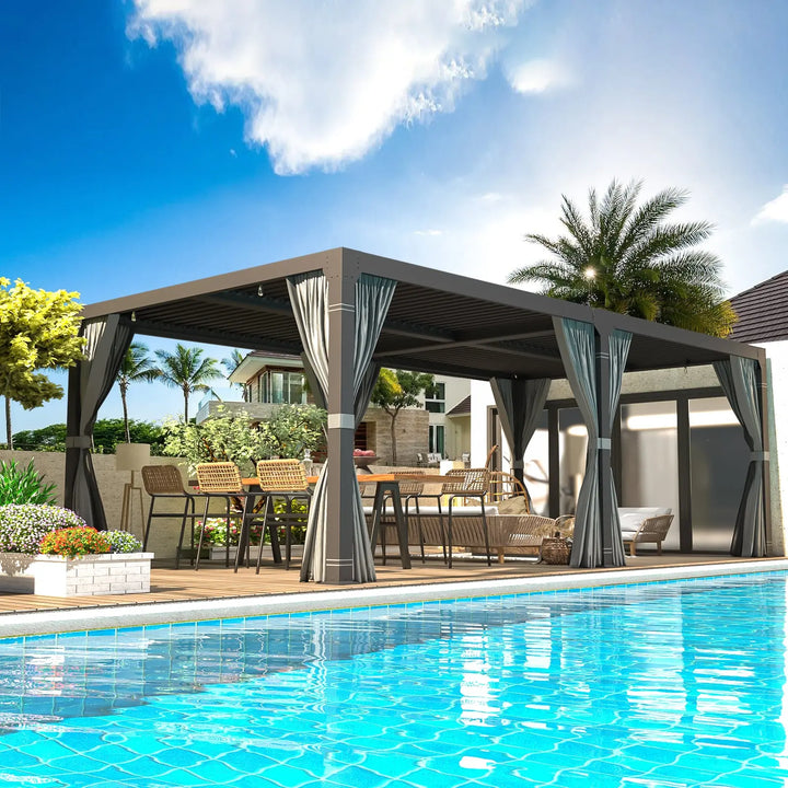EROMMY 10x20 Metal Louvered Pergola With Outdoor Curtains – Dark Grey