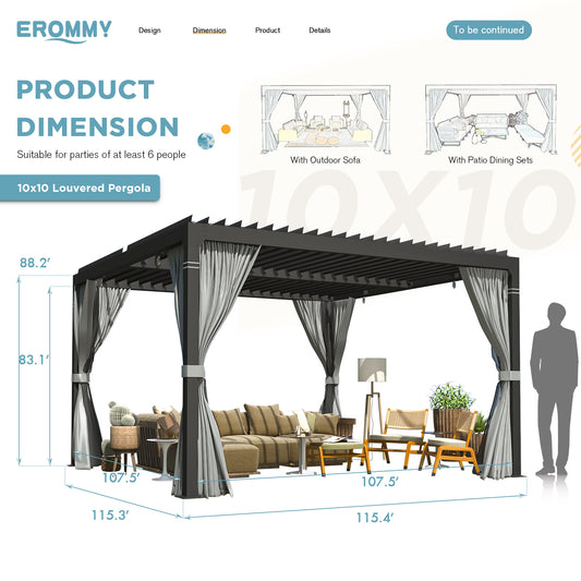 EROMMY 10' x 10' Outdoor Louvered Pergola, Patio Hardtop Gazebo for Garden Yard, Curtains and Netting Included, Black
