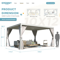 EROMMY 10'×12' Outdoor Louvered Pergola with Adjustable Aluminum Rainproof Roof, Curtains and Netting Included, White