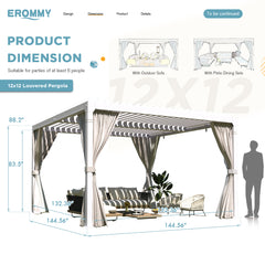 EROMMY 12x12 Aluminum Pergola with Louvered Roof – White