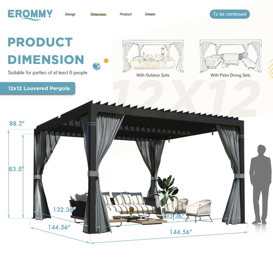 EROMMY Louvered Pergola 12x12, Aluminum Pergola with Adjustable Louvered Roof, Outdoor Pergola with Waterproof Curtains and Nets