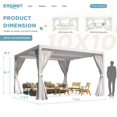 EROMMY 10' x 10' Outdoor Louvered Pergola, Patio Hardtop Gazebo for Garden Yard, Curtains and Netting Included, White