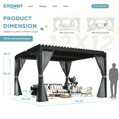 EROMMY 12x12 Aluminum Pergola with Louvered Roof – Black