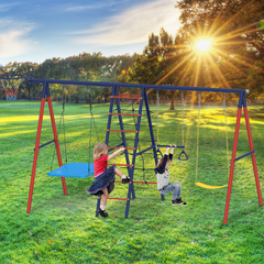 EROMMY 5 in 1 Lifetime Swing Set for Backyard, Heavy Duty Kids Playground with Square Swing, Belt Swing, Climbing Ladder, Basketball Hoop & Hanging Rings, Outdoor Playset Holds Up to 440 lbs
