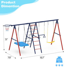 EROMMY 5 in 1 Lifetime Swing Set for Backyard, Heavy Duty Kids Playground with Square Swing, Belt Swing, Climbing Ladder, Basketball Hoop & Hanging Rings, Outdoor Playset Holds Up to 440 lbs