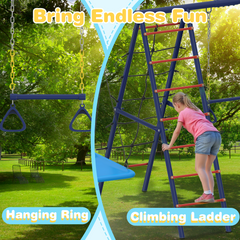 EROMMY 5 in 1 Lifetime Swing Set for Backyard, Heavy Duty Kids Playground with Square Swing, Belt Swing, Climbing Ladder, Basketball Hoop & Hanging Rings, Outdoor Playset Holds Up to 440 lbs