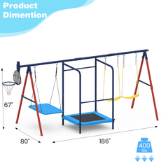 EROMMY 5 in 1 Lifetime Swing Set for Backyard, Heavy Duty Metal Kids Playground with Trampoline, Saucer Swing, Belt Swings & Basketball Hoop, Outdoor Playset Holds Up to 440 lbs