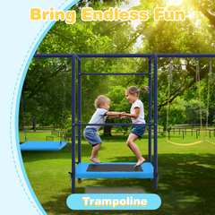 EROMMY 5 in 1 Lifetime Swing Set for Backyard, Heavy Duty Metal Kids Playground with Trampoline, Saucer Swing, Belt Swings & Basketball Hoop, Outdoor Playset Holds Up to 440 lbs