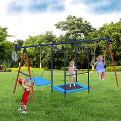 EROMMY 5 in 1 Lifetime Swing Set for Backyard, Heavy Duty Metal Kids Playground with Trampoline, Saucer Swing, Belt Swings & Basketball Hoop, Outdoor Playset Holds Up to 440 lbs