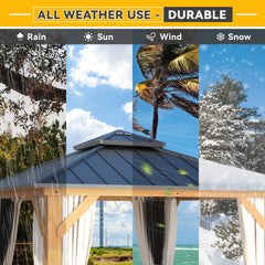 EROMMY 11' x 11' Outdoor Cedar Wood Hardtop Gazebo w/ Double Metal Roof, Curtains & Nettings