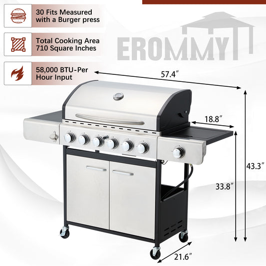 EROMMY 6 Burner BBQ Propane Gas Grill, 58,000 BTU Stainless Steel Patio Garden Barbecue Grill with Stove and Side Table