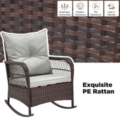EROMMY 3 pcs Rocking Bistro Set, Outdoor PE Rattan Rocking Chairs with Tempered Glass Coffee Table, Gray