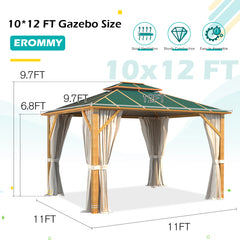 EROMMY 10'x12' Gazebo, Outdoor Wood Grain Hardtop Gazebos, Aluminum Composite Double Roof with Privacy Curtain and Mosquito Net Green