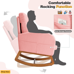 EROMMY Solid Wood Rocking Chair with Cushion & Blanket, Pink, High Legs