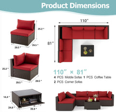 EROMMY 7 Pcs Outdoor Rattan Furniture Set with Coffee Table, Wine Red