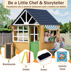 EROMMY Outdoor Play House for Kids, Wooden Kids Playhouse with Kitchen Toys, Blackboard,Chalks,Eraser,Magnetic Door, Bench, Foldable Sunshade Canopy,Bell, Pet Hole, Clock,Wood Color
