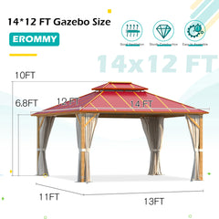 EROMMY 12' x 14' Hardtop Wooden Finish Coated Aluminum Gazebo with  Double Roof, Claret Metal Gazebo with Curtains and Nettings