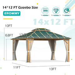 EROMMY 12' x 14' Hardtop Gazebo, Wooden Grain Coated Aluminum Frame, Double Roof, Blackish Green with Curtains and Nettings