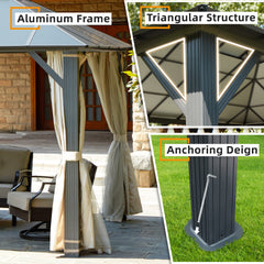 EROMMY 10x12FT Hardtop Aluminum Patio Gazebo w/ Aluminum Composite Double Roof, Curtains &Netting