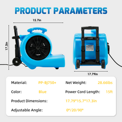 EROMMY 1 HP Air Mover, 4000 CFM Carpet Dryer & Floor Blower, 3-Speed Commercial Fan with 3 Adjustable Angles, Handle & Wheels, 15 Ft Power Cord, Stackable