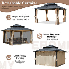 EROMMY 12' x 14' Outdoor Double Roof Hardtop Gazebo with Curtains and Netting,  Anti-Rust Coating Frame