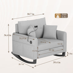 EROMMY Upholstered Oversize Rocking Chair with Adjustable Phone Handle, Nursery Rocking Chair with High Back and Side Pocket USB Port, Double Wide Rocker for Living Room, Bedroom, Nursery, Gray
