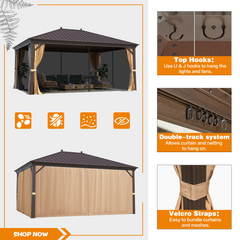 EROMMY 12' x 16' Hardtop Gazebo, Galvanized Steel Metal Single Roof Aluminum Gazebo with Curtain and Netting, Brown Permanent Pavilion