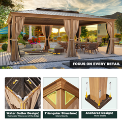 EROMMY 14' x 20' Luxury Hardtop Gazebo, Wooden Finish Coated Aluminum Frame Canopy with Double Galvanized Steel Roof, Outdoor Permanent Metal Pavilion