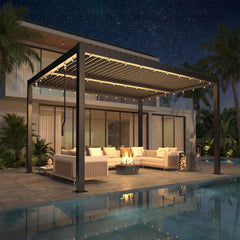 EROMMY 10' x 12' Outdoor Pergola with Adjustable Louvered Roof & Integrated Drainage, Heavy-Duty Metal Louvered Pergola for Patios, Black