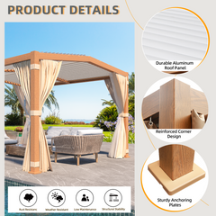EROMMY 11x13 Louvered Pergola with Adjustable Rainproof Roof, Wood Grain Outdoor Aluminum Pergola, Curtains and Netting Included