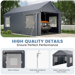 EROMMY Carport, 10' x 20' Heavy Duty Carport with Roll-up Windows，Portable Garage with Removable Sidewalls, Car Canopy for Truck, Tractor, Boat, Gray