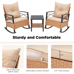 EROMMY 3-Piece Outdoor Rocking Chair Set with Cushions and Coffee Table, Beige