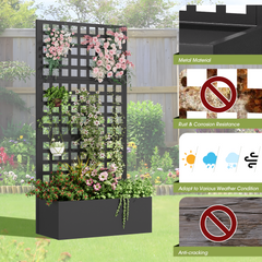EROMMY Metal Planter Box with Trellis, 71"x 35"x 16" Raised Garden Bed with Trellis, Planter Box Trellis with Privacy Screen and Drainage Holes, Black