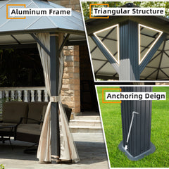 EROMMY 12x16FT Hardtop Aluminum Patio Gazebo w/ Aluminum Composite Double Roof, Curtains &Netting