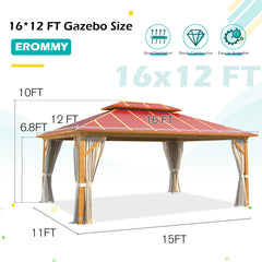 EROMMY 12' x 16' Hardtop Wooden Finish Coated Aluminum Frame Outdoor Gazebo with Aluminum Double Roof, with Curtains and Nettings