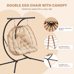 EROMMY Double Egg Chair with Adjustable Canopy, Oversized Hanging Swing Chair, Hammock Chair with Cushion Basket Hammock Nest Chair, Swinging Love seat for Outdoor Patio, Balcony, Garden