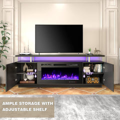 EROMMY 70'' Fireplace TV Stand with 36'' Electric Fireplace, Entertainment Center with 12 Flame Fireplace Insert Heater and 16 Color Led Lights, TV Console for TVs up to 80'' for Living Room, Black