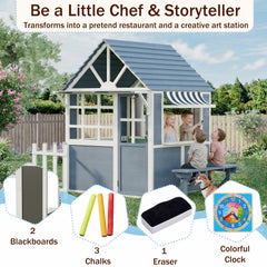 EROMMY Outdoor Playhouse for Kids, Wooden Kid Play House with Kitchen Toys,Blackboard,Chalks,Eraser,Magnetic Door, Bench, Foldable Sunshade Canopy,Flowerpot Holders, Bell, Pet Hole, Clock,Blue Grey
