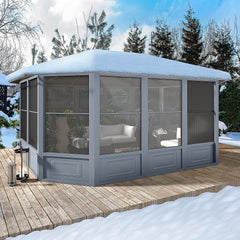 EROMMY 12' x 15' Sunroom, Solarium Gazebo with Aluminum Frame and Polycarbonate Roof, Outdoor Permanent Sun Room with Moveable PVC Screen and Sliding Doo